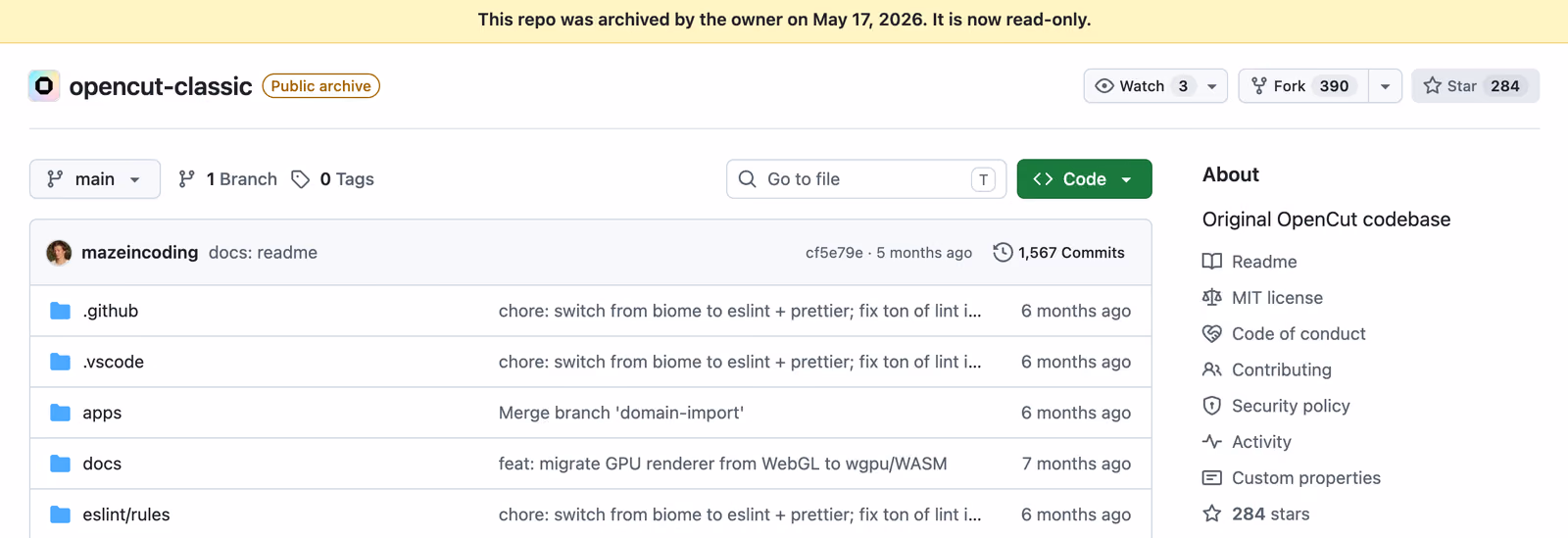 OpenCut's original repository on GitHub, marked as a public archive and read-only