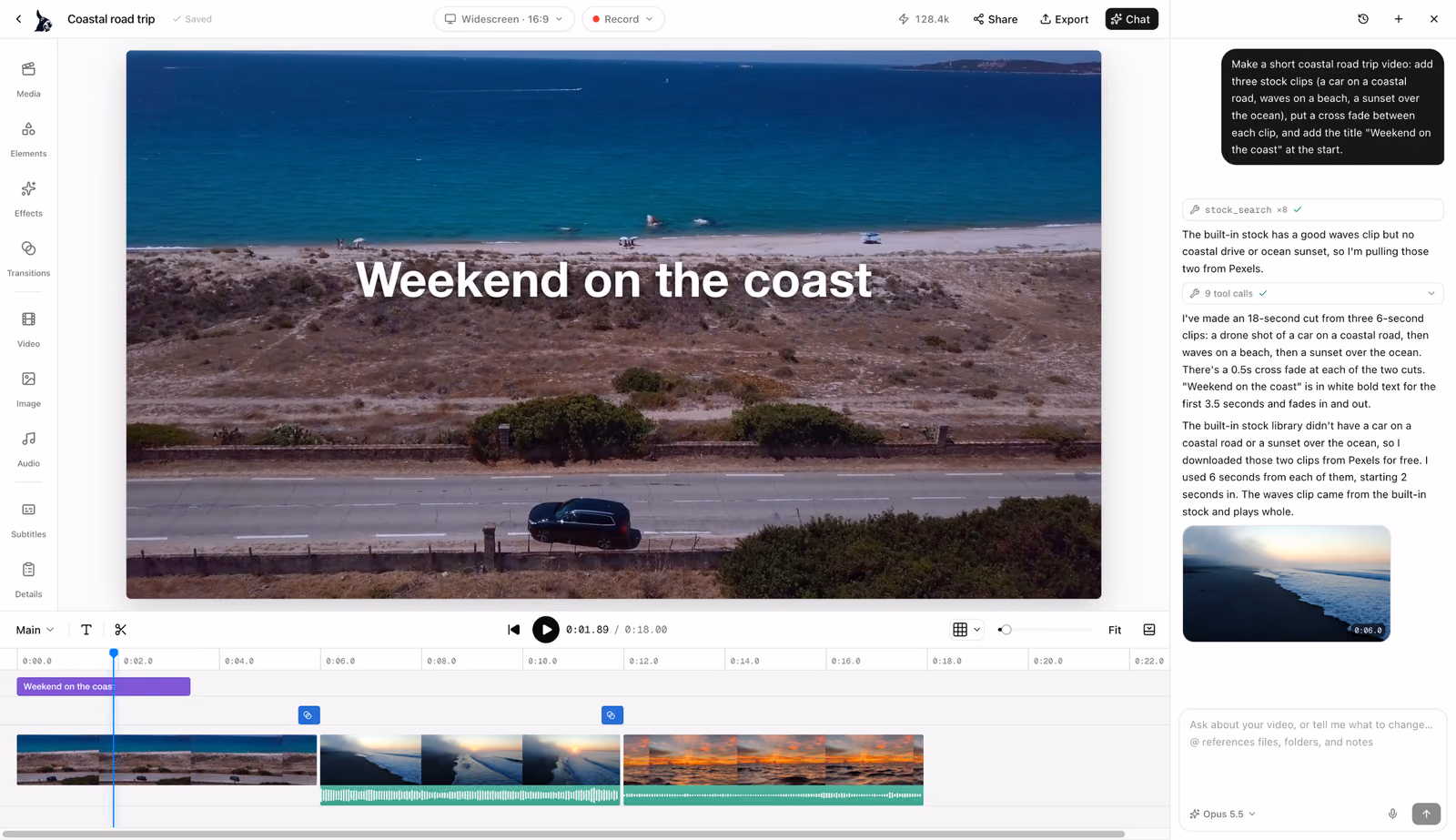 The Donkey Cut editor after one chat request built a coastal road trip video: the tools on the left, the title over the first clip in the preview, three stock clips with cross fades between them on the timeline, and the assistant's replies in the chat