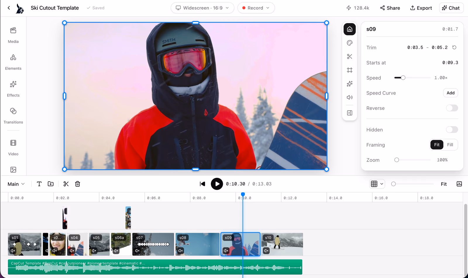 The Donkey Cut editor with a ski template open: a clip selected in the preview, its trim, speed, reverse and framing settings in the inspector, and the shots and music on the timeline