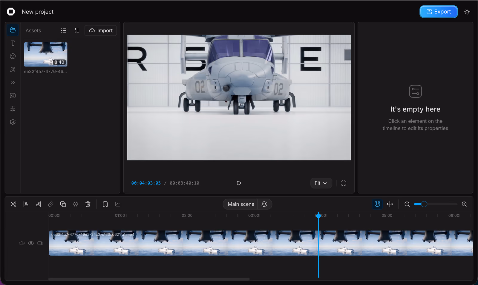 The OpenCut editor: an assets panel, a preview, an empty properties panel and one clip on the timeline