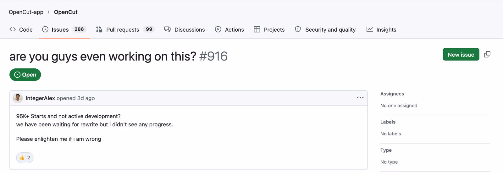 GitHub issue #916 on OpenCut, "are you guys even working on this?", open with no replies