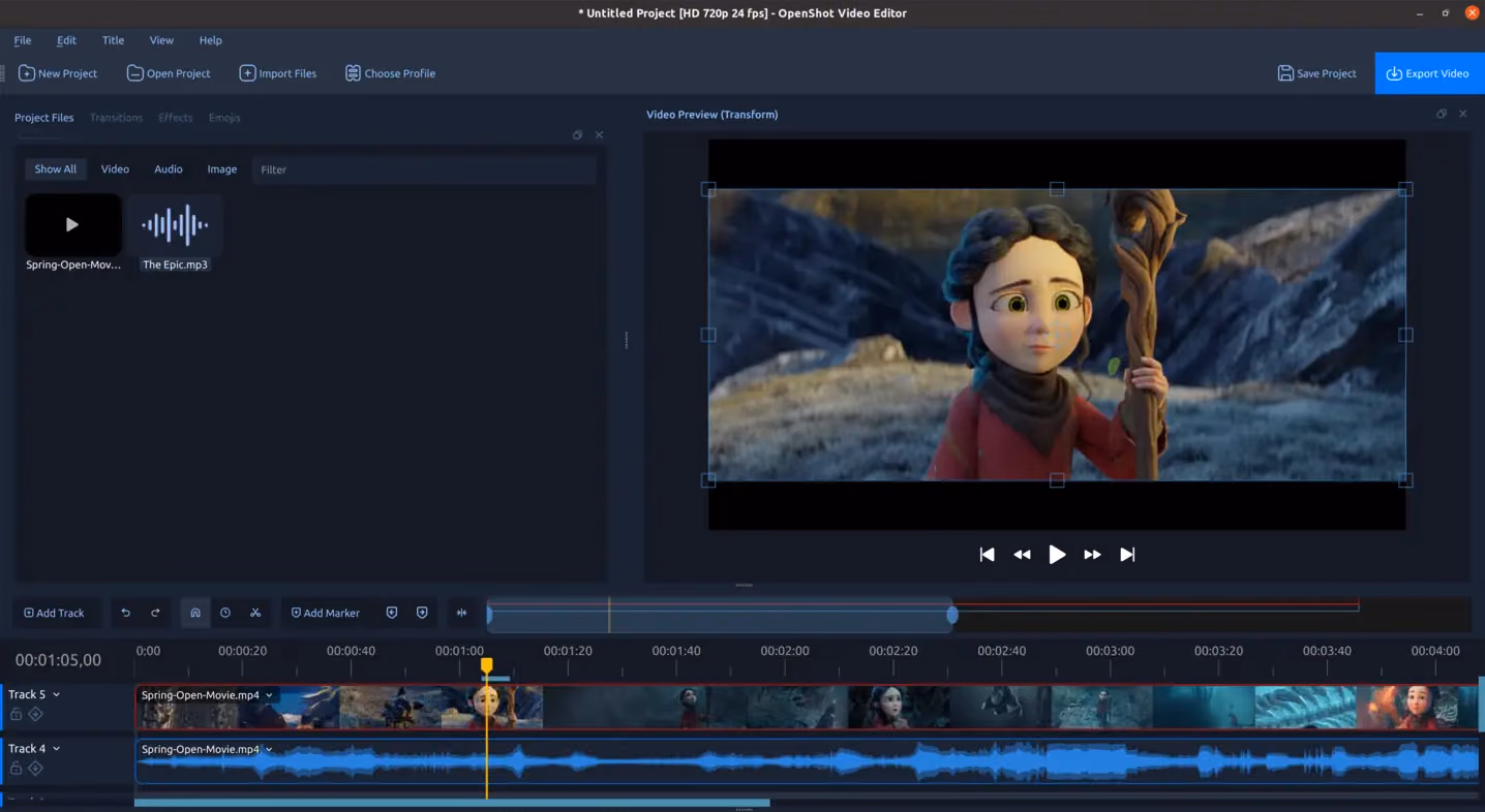 OpenShot with a project open: project files on the left, the video preview on the right and a two-track timeline below