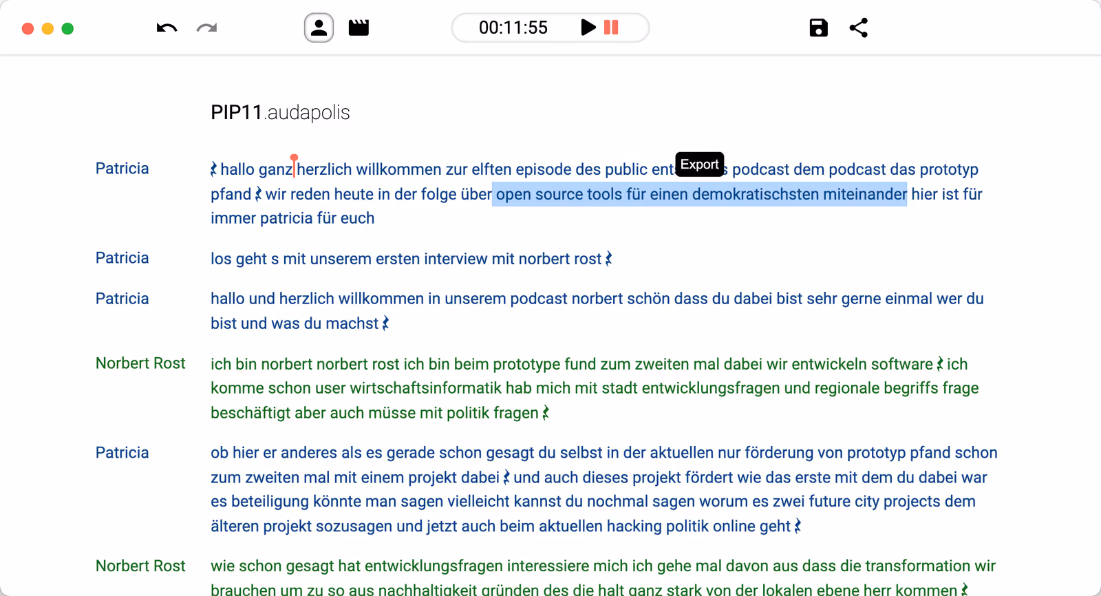 Audapolis showing a podcast transcript split by speaker, with a passage of text selected for export
