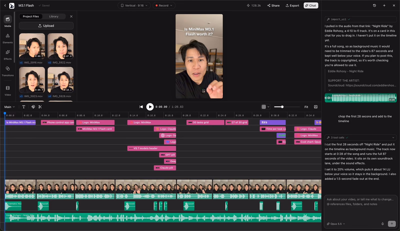 The Donkey Cut editor with a vertical video open: media on the left, the preview in the middle, a timeline of clips, titles and music below, and the chat panel on the right