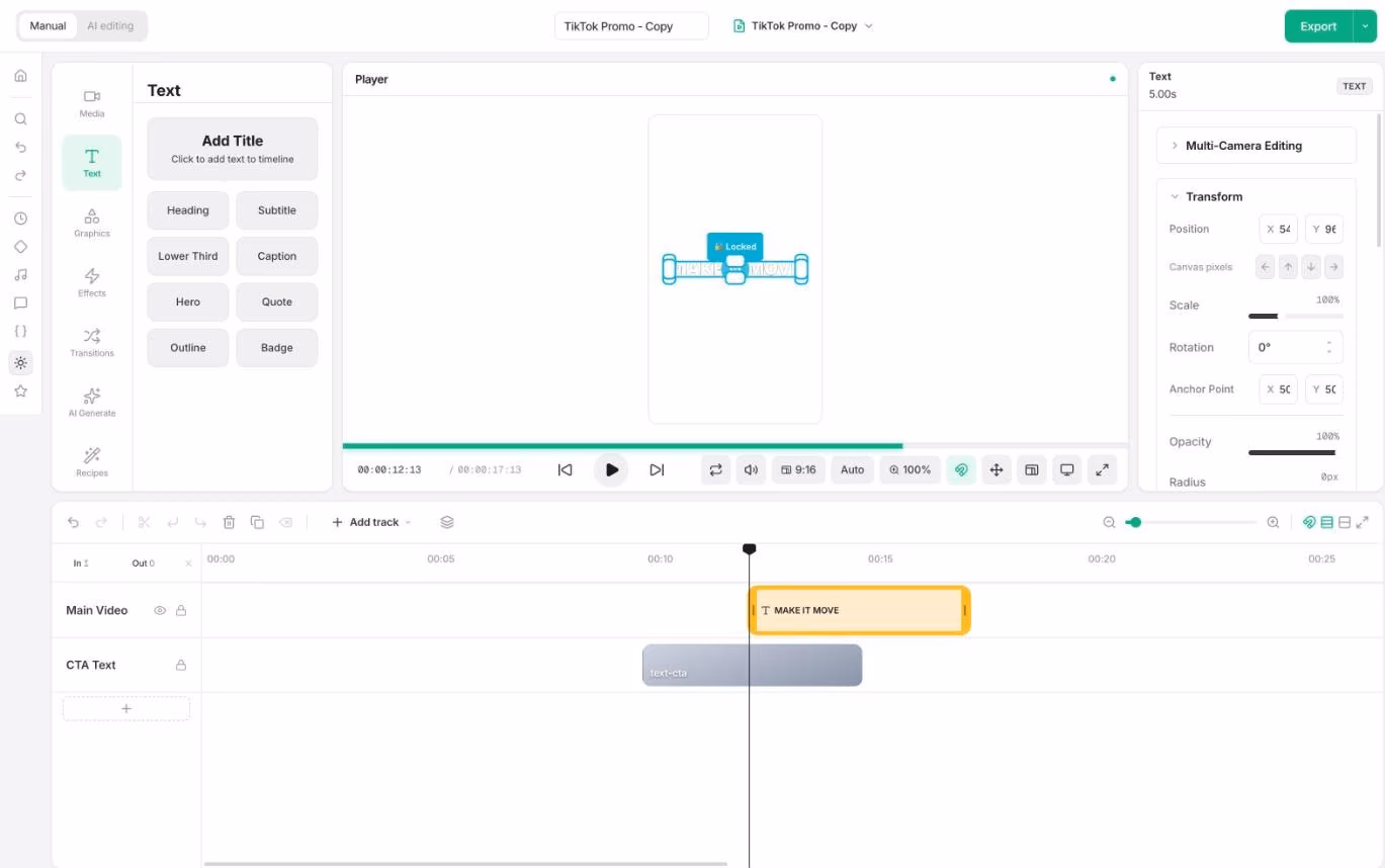 The OpenReel editor in the browser with a vertical 9:16 project: text presets on the left, the preview in the middle, clip properties on the right and the timeline below