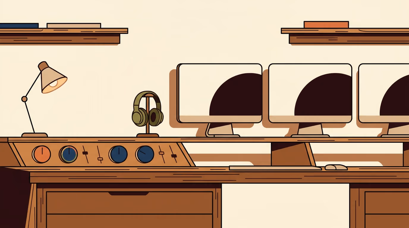 A film editing desk in a modern studio with multiple monitor displays, physical control dials, and soft background studio lighting.